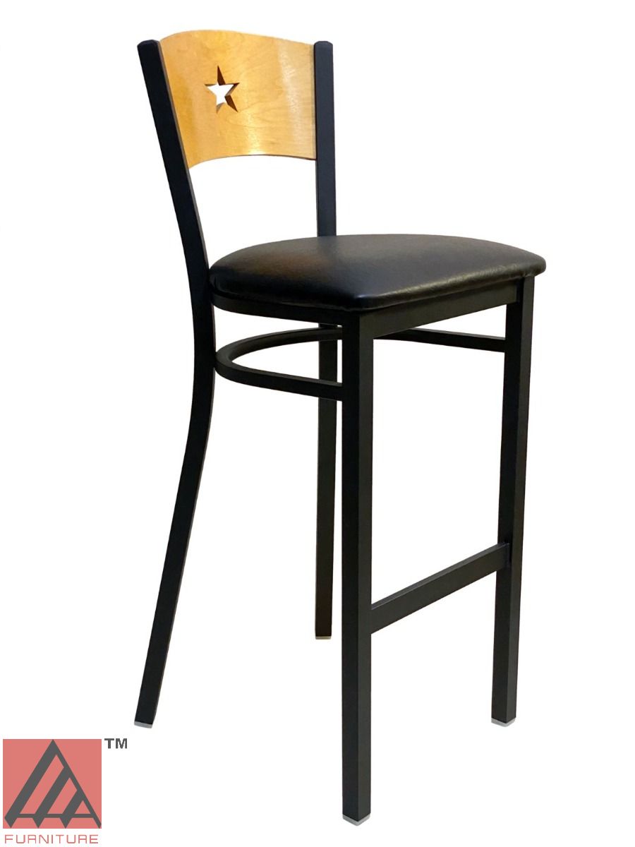 AAA Furniture Star Wood Back 42" Natural Metal Bar Stool with Black Grade 4 Vinyl Seat