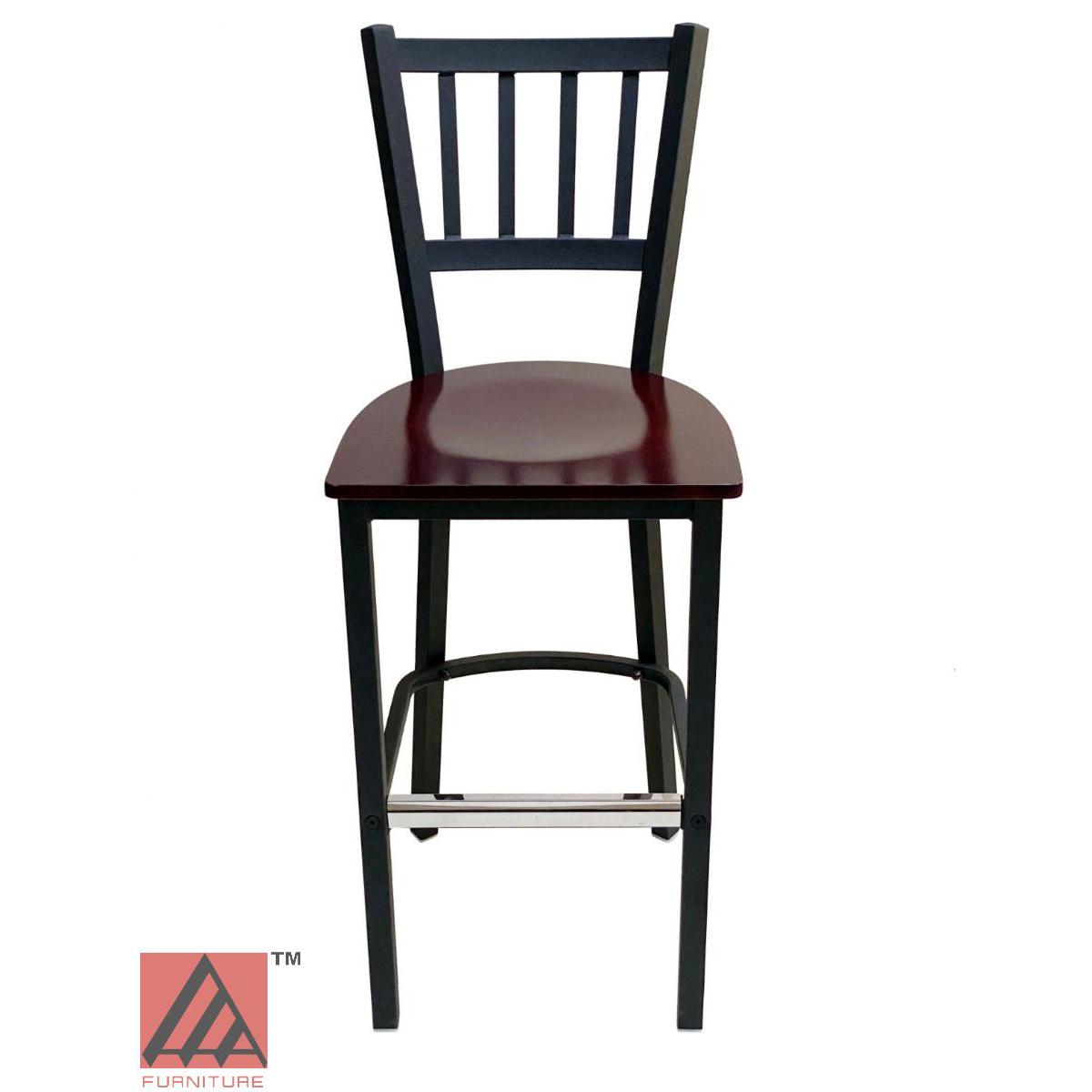 AAA Furniture Vertical Back 43" Black Metal Bar Stool with Brown Wood Seat