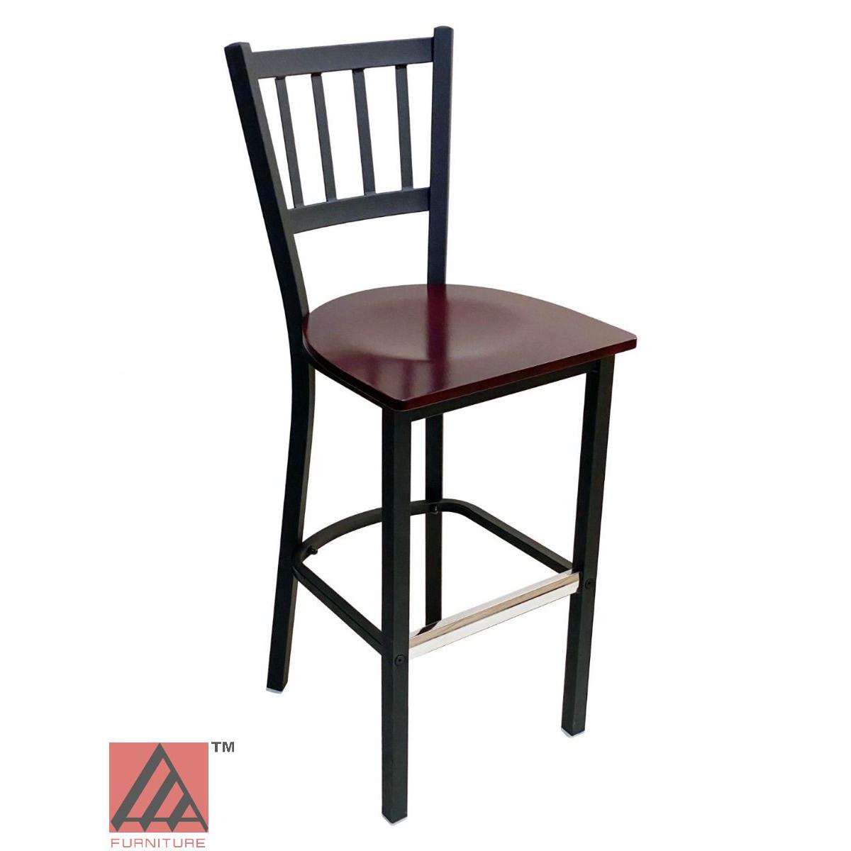 AAA Furniture Vertical Back 43" Black Metal Bar Stool with Brown Wood Seat