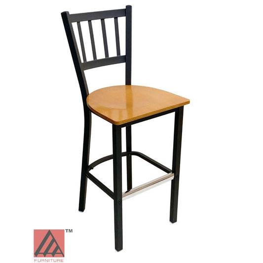 AAA Furniture Vertical Back 43" Black Metal Bar Stool with Natural Wood Seat