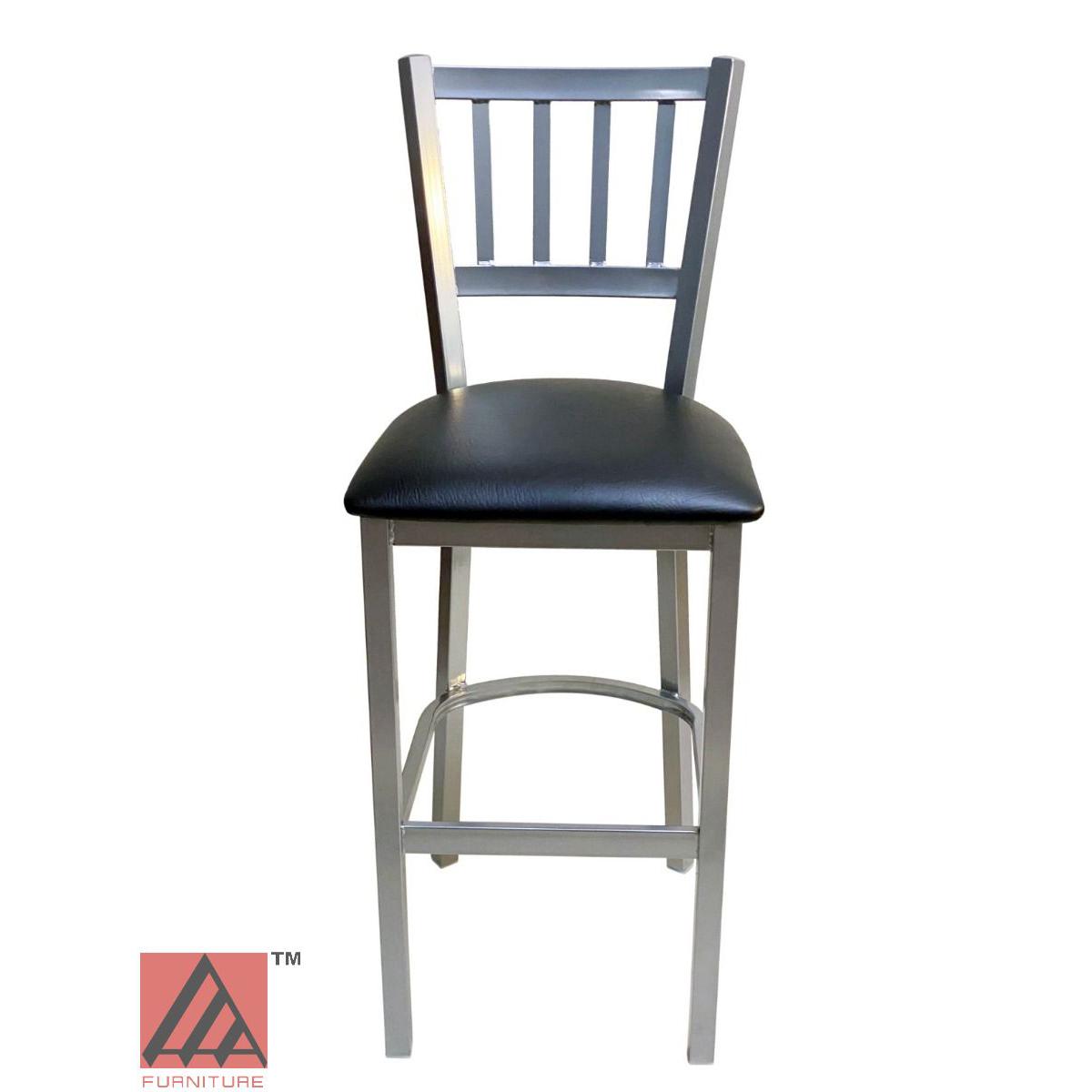 AAA Furniture Vertical Back 43" Silver Metal Bar Stool with Black Grade 5 Vinyl Seat