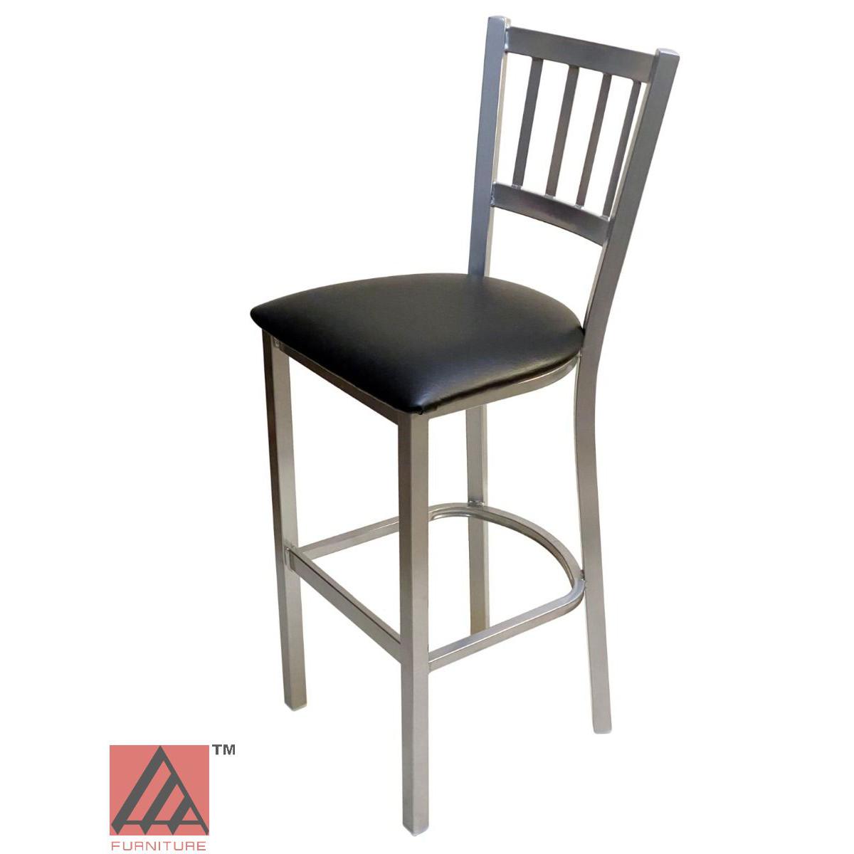 AAA Furniture Vertical Back 43" Silver Metal Bar Stool with Black Grade 5 Vinyl Seat