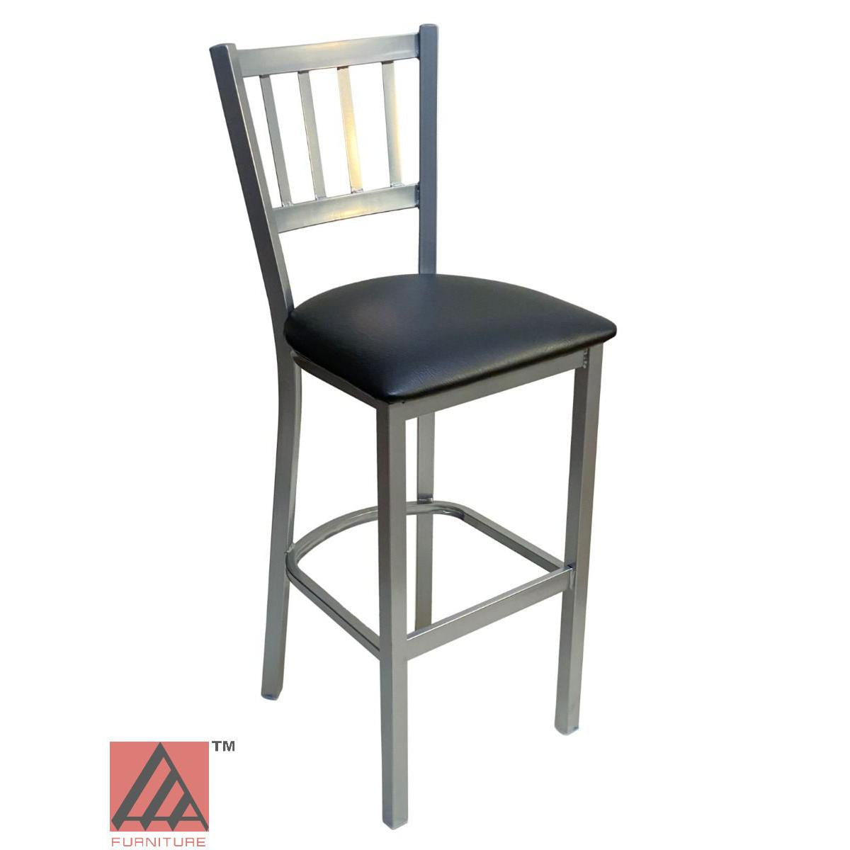 AAA Furniture Vertical Back 43" Silver Metal Bar Stool with Black Grade 5 Vinyl Seat