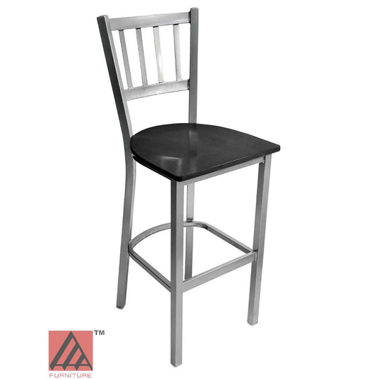 AAA Furniture Vertical Back 43" Silver Metal Bar Stool with Black Wood Seat