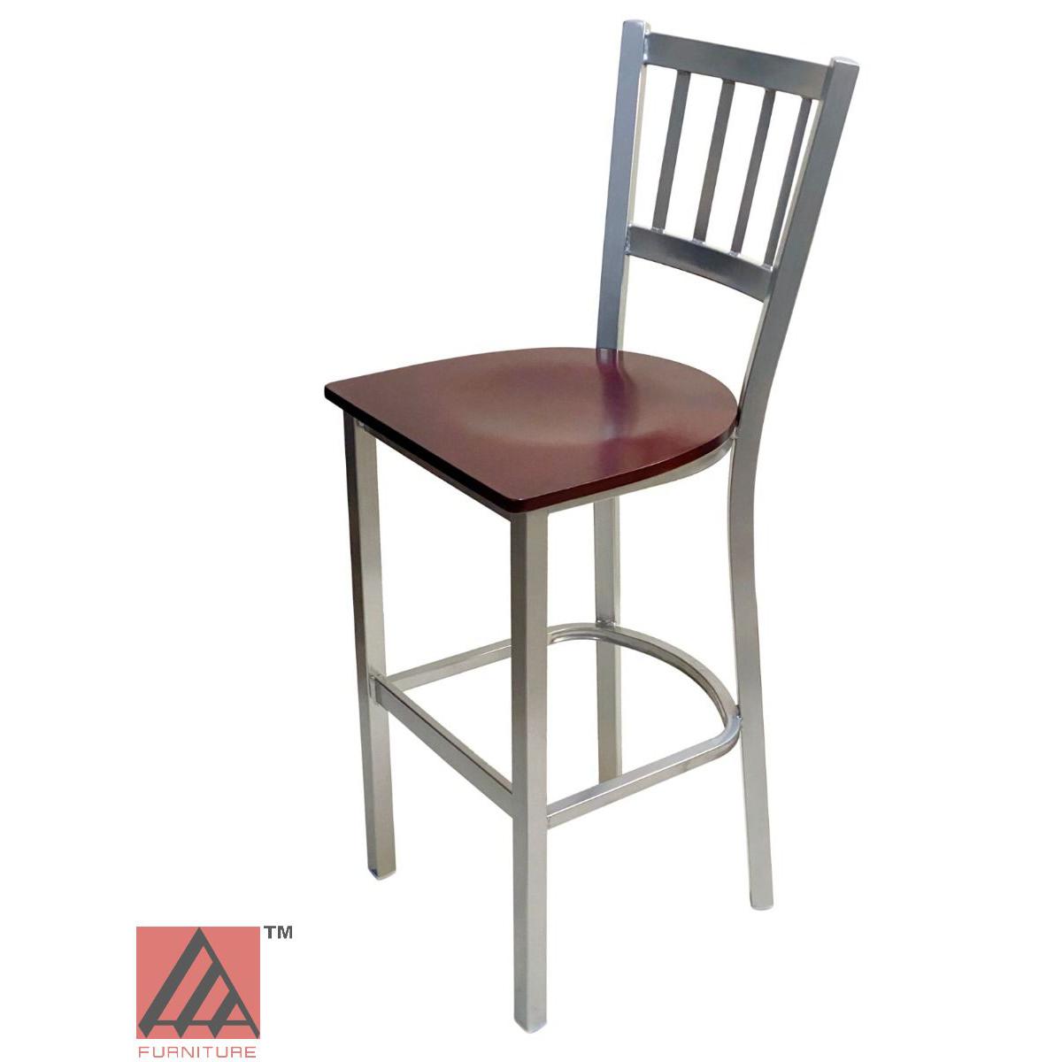 AAA Furniture Vertical Back 43" Silver Metal Bar Stool with Brown Wood Seat