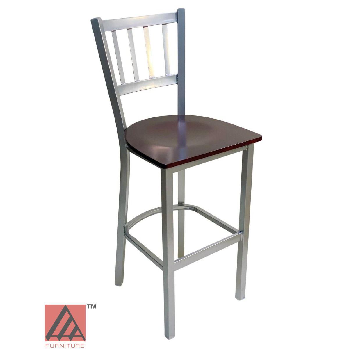 AAA Furniture Vertical Back 43" Silver Metal Bar Stool with Brown Wood Seat