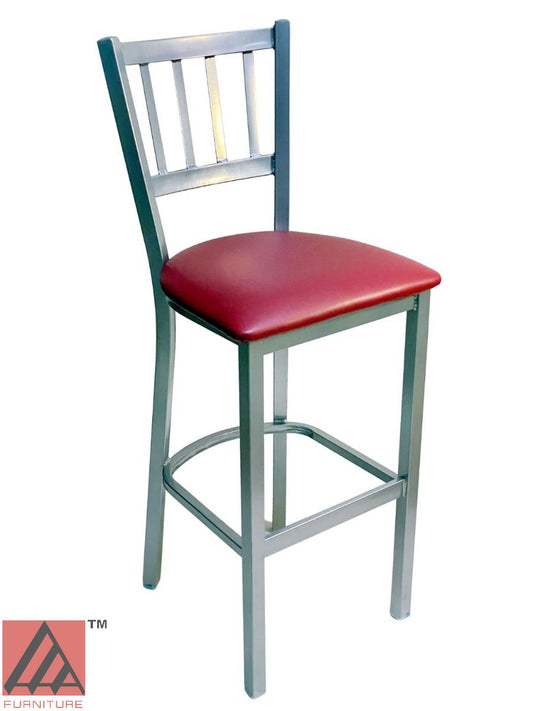 AAA Furniture Vertical Back 43" Silver Metal Bar Stool with Claret Customer Owned Material Seat