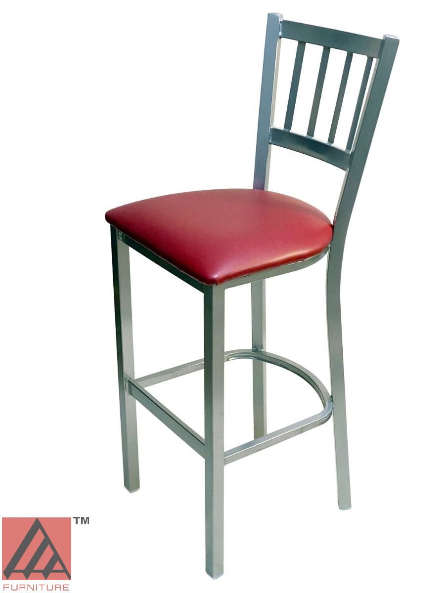 AAA Furniture Vertical Back 43" Silver Metal Bar Stool with Claret Grade 4 Vinyl Seat