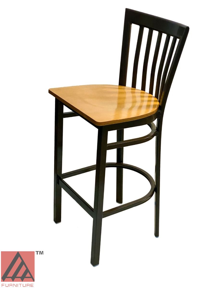 AAA Furniture Vertical Slats 42" Dark Brown Metal Bar Stool with Natural Wood Seat