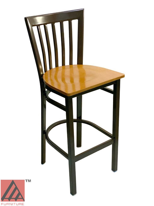 AAA Furniture Vertical Slats 42" Dark Brown Metal Bar Stool with Natural Wood Seat
