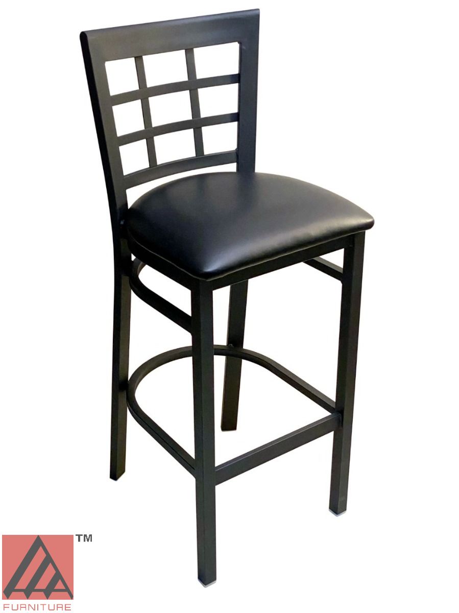 AAA Furniture Window Back 41" Black Metal Bar Stool with Black Grade 4 Vinyl Seat