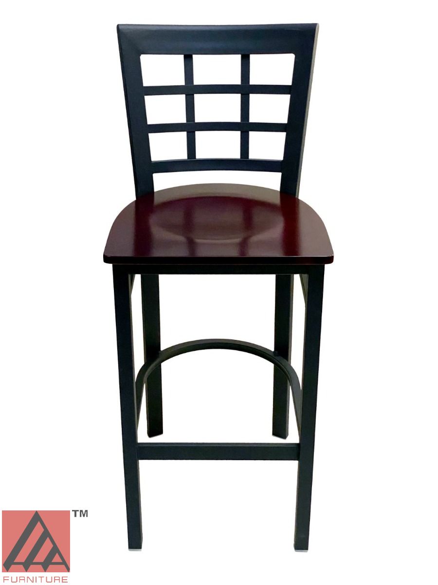 AAA Furniture Window Back 41" Black Metal Bar Stool with Brown Wood Seat