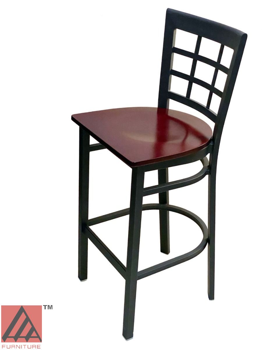 AAA Furniture Window Back 41" Black Metal Bar Stool with Brown Wood Seat