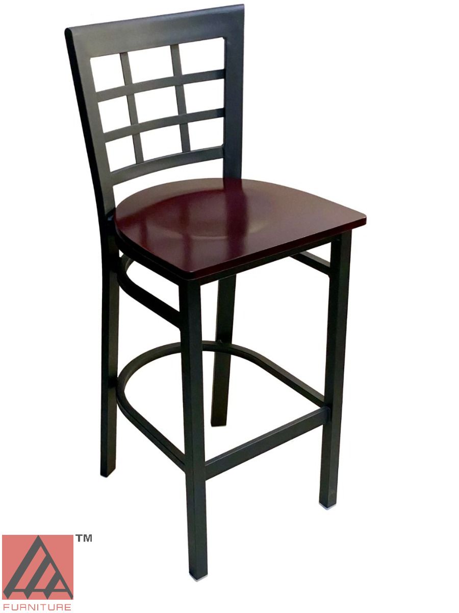 AAA Furniture Window Back 41" Black Metal Bar Stool with Brown Wood Seat