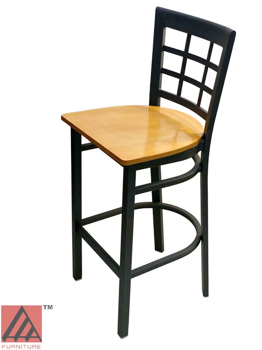 AAA Furniture Window Back 41" Black Metal Bar Stool with Natural Wood Seat