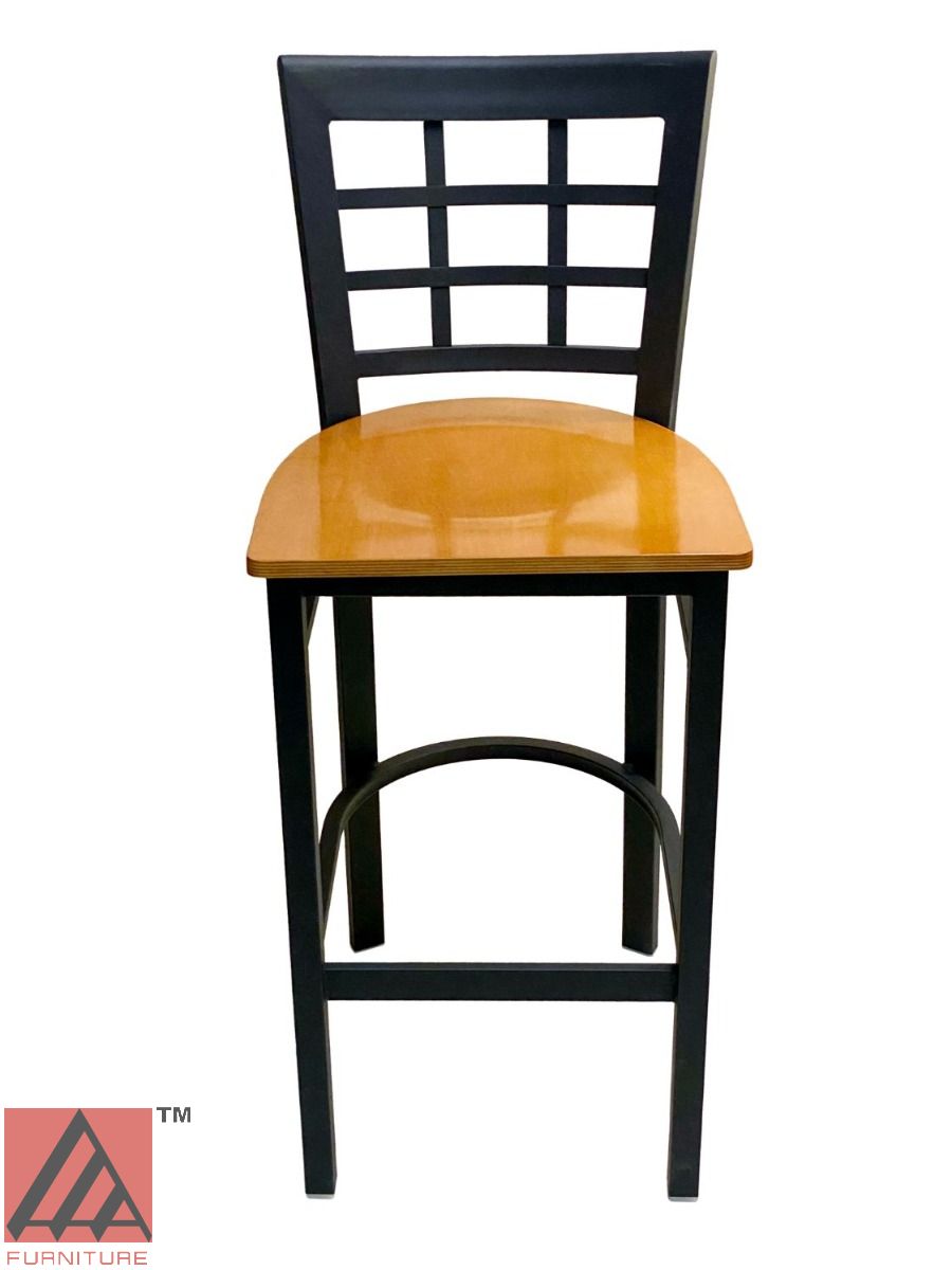 AAA Furniture Window Back 41" Black Metal Bar Stool with Natural Wood Seat