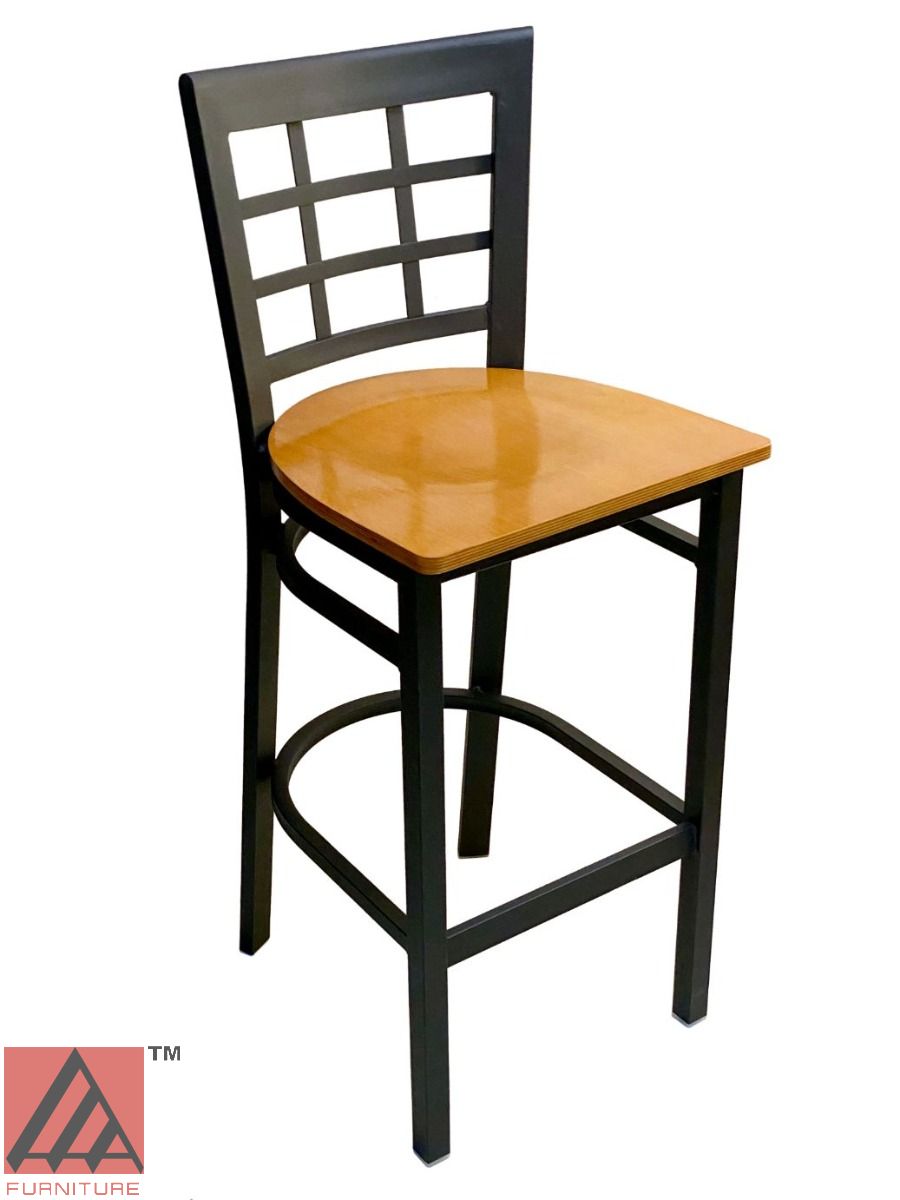 AAA Furniture Window Back 41" Black Metal Bar Stool with Natural Wood Seat