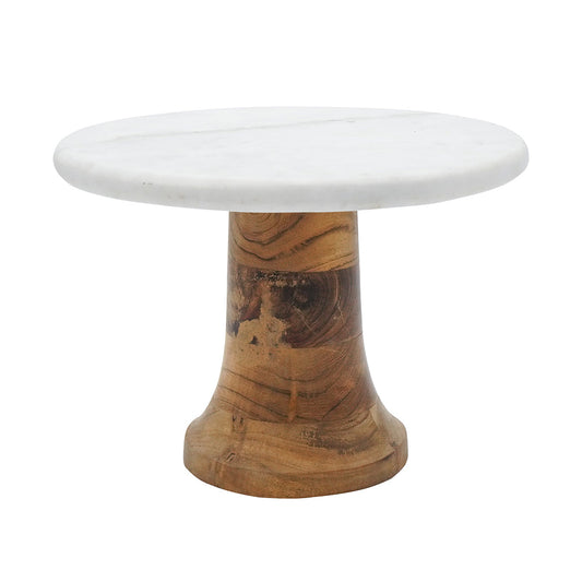 A&B Home 10" x 10" Bundle of 28 Carolyn White Marble Plate With Polished Acacia Wood Cake Stand