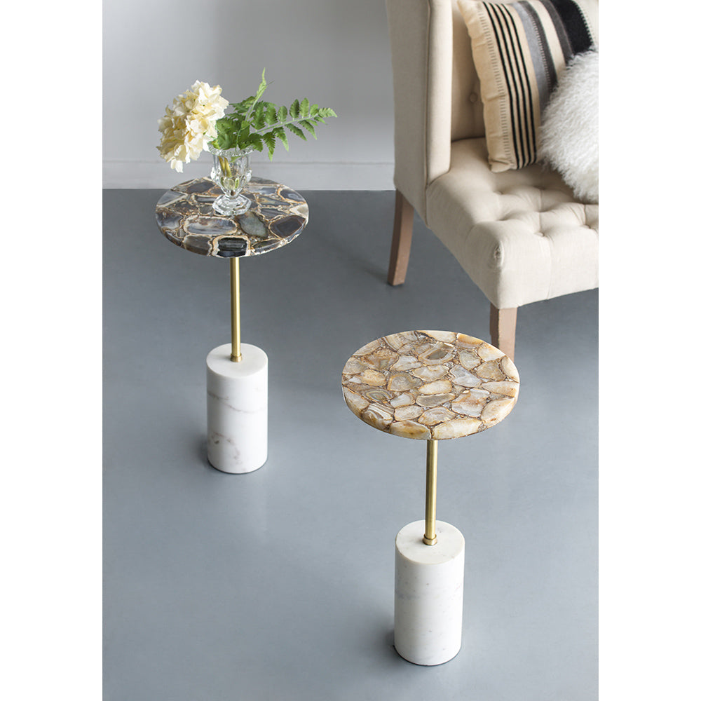A&B Home 12" x 24" Bundle of 8 Round Gold Agate Brass Side Table With Cylindrical Marble Base