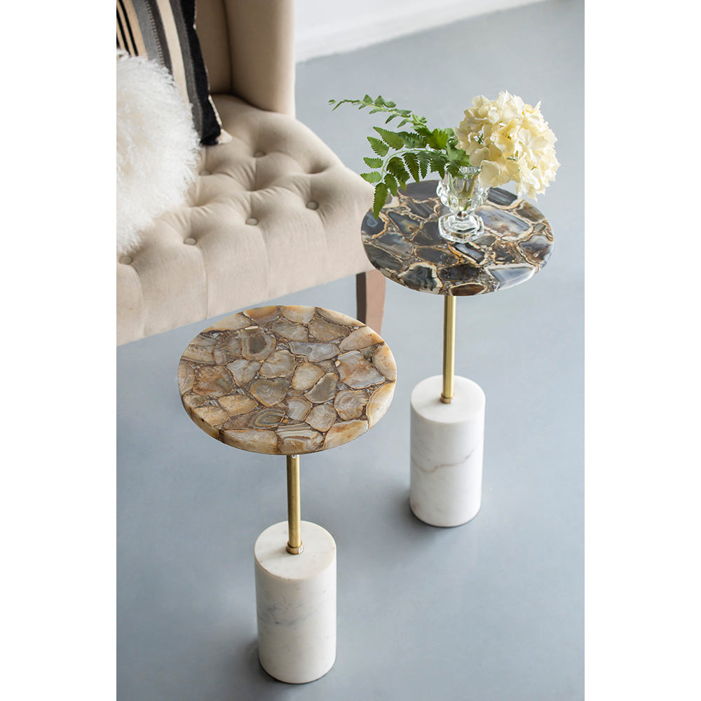 A&B Home 12" x 24" Bundle of 8 Round Gold Agate Brass Side Table With Cylindrical Marble Base