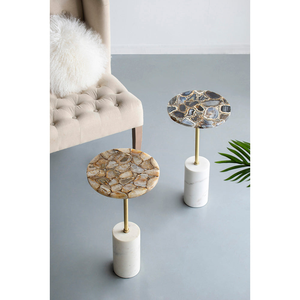 A&B Home 12" x 24" Bundle of 8 Round Gold Agate Brass Side Table With Cylindrical Marble Base