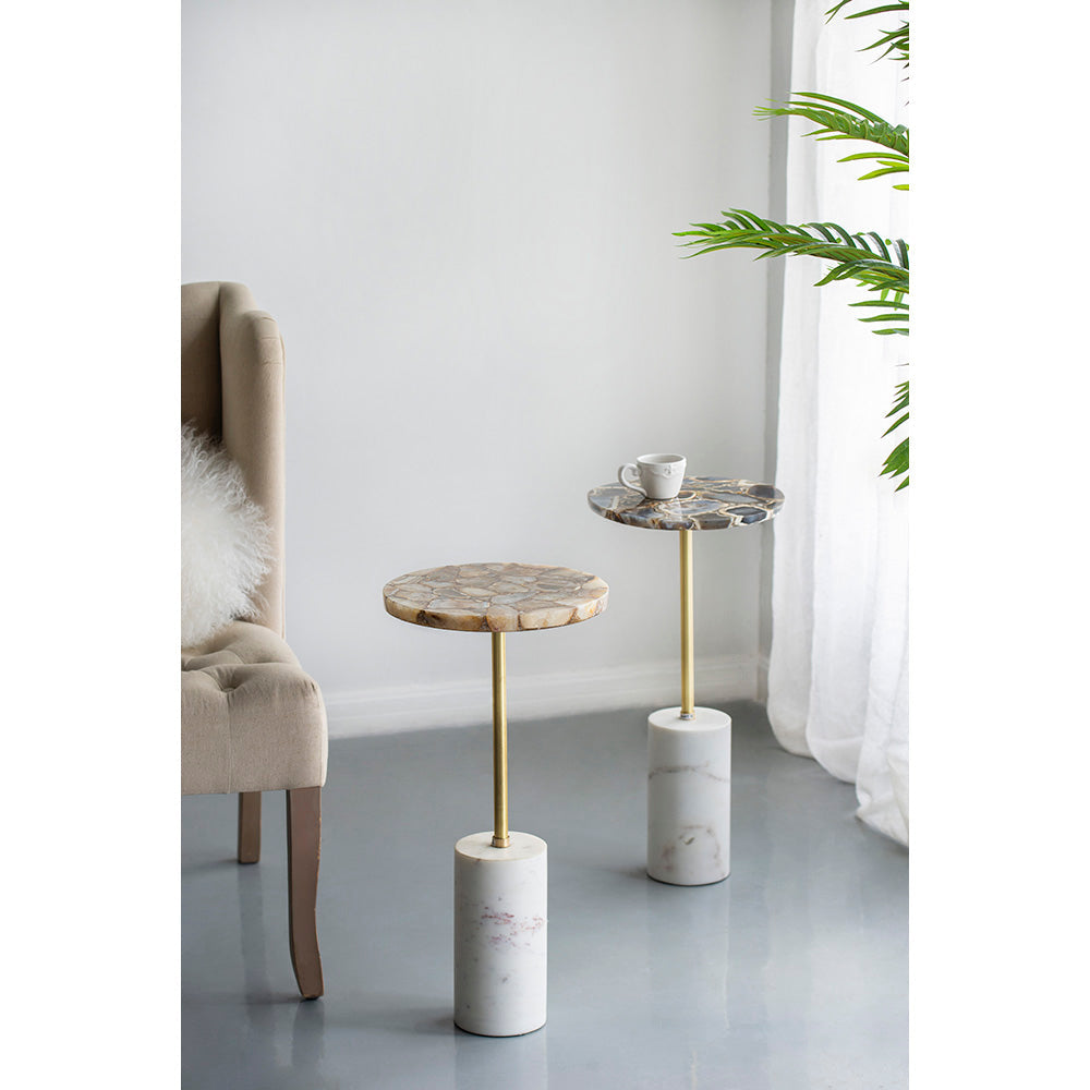 A&B Home 12" x 24" Bundle of 8 Round Gold Agate Brass Side Table With Cylindrical Marble Base