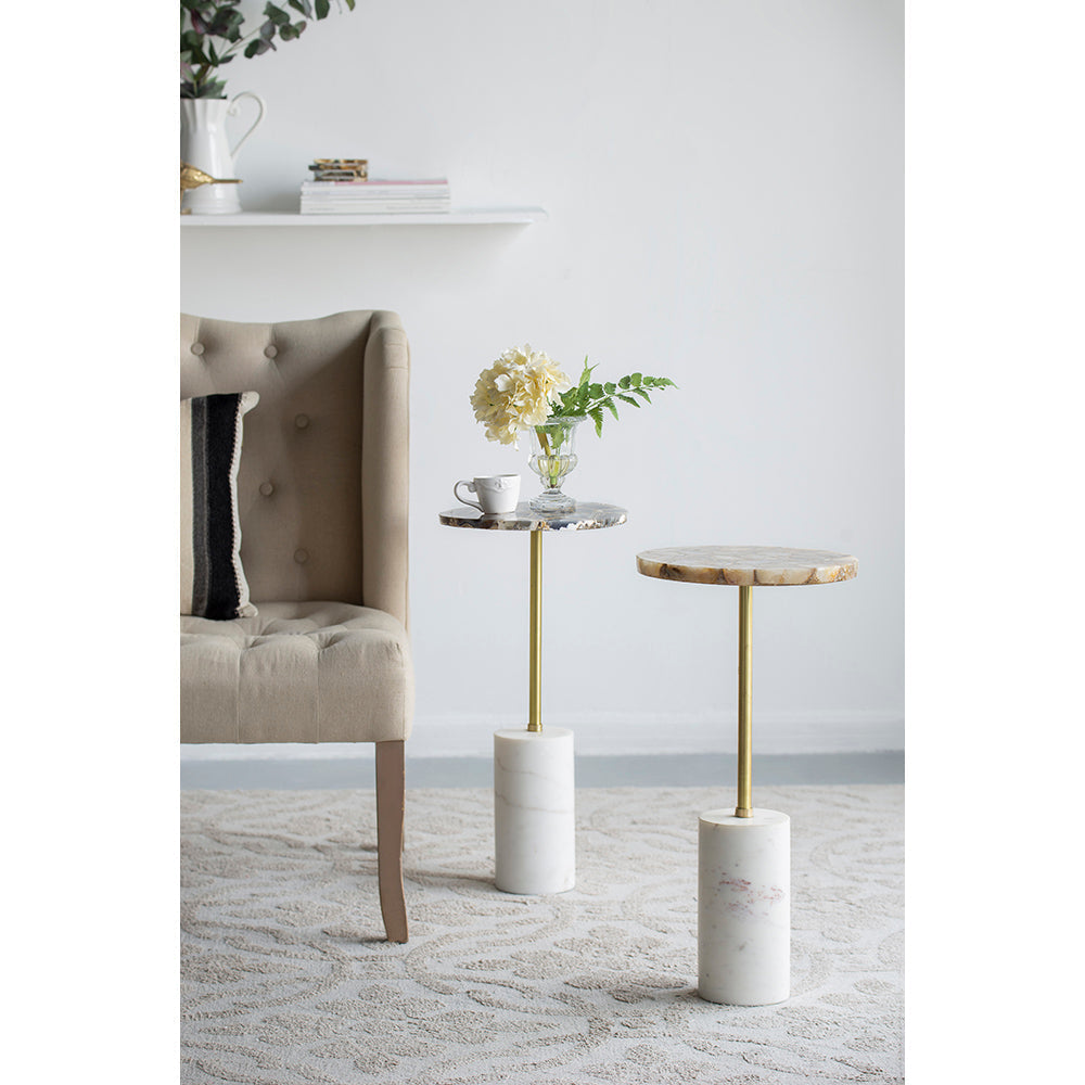 A&B Home 12" x 24" Bundle of 9 Black Agate Brass Side Table With Cylindrical Marble Base