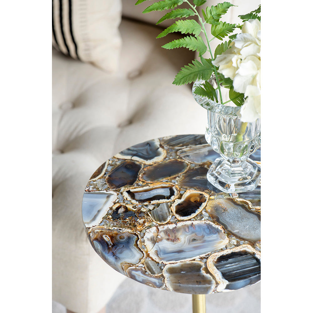 A&B Home 12" x 24" Bundle of 9 Black Agate Brass Side Table With Cylindrical Marble Base