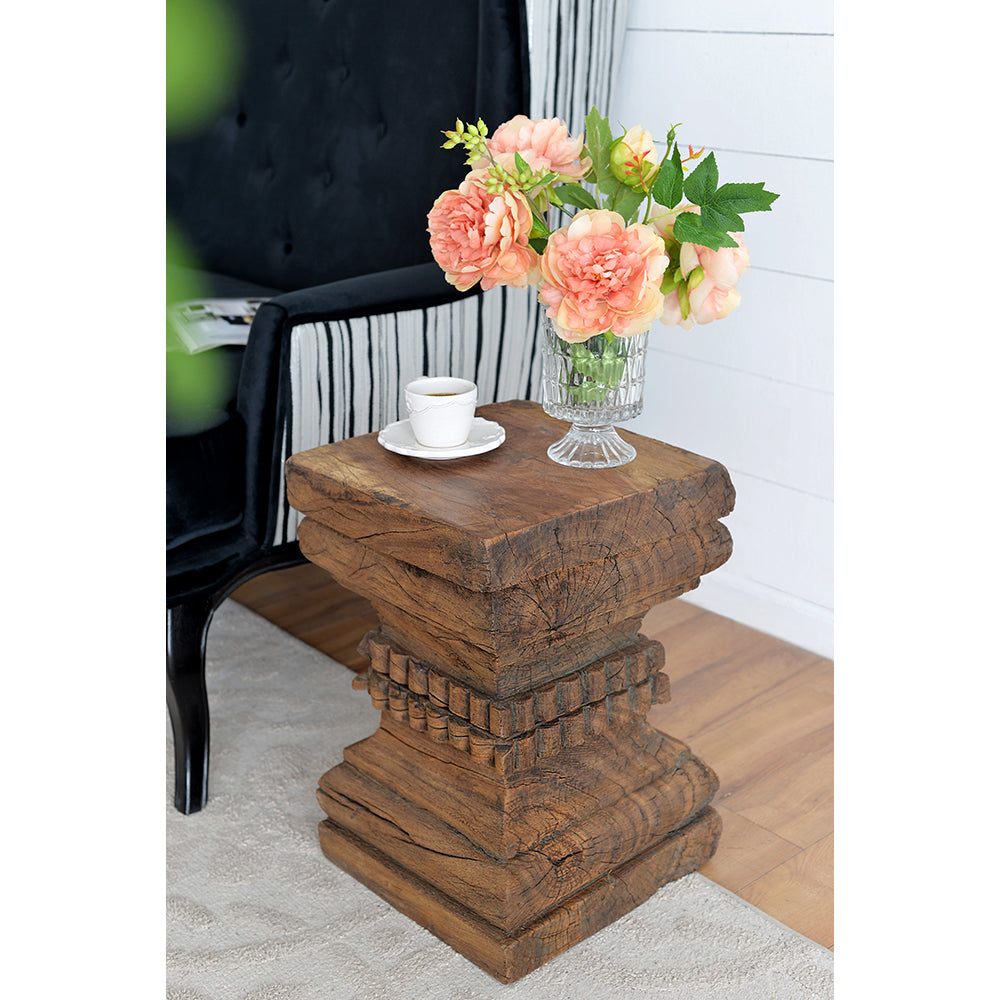 A&B Home 13" x 20" Bundle of 10 Organic Brown Carved Wooden Pillar Stool