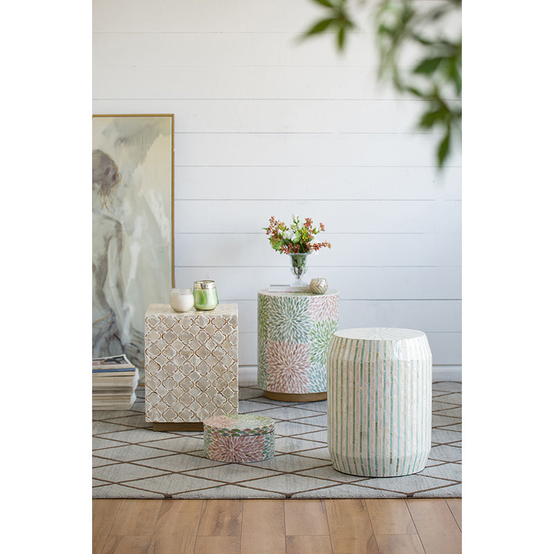 A&B Home 14" x 18" Bundle of 21 Round Cream and Green With Stripe Pattern Pedestal Stool