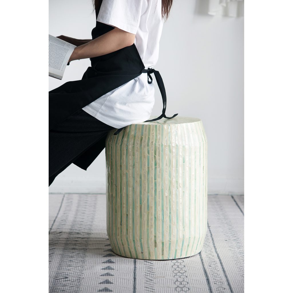 A&B Home 14" x 18" Bundle of 24 Round Cream and Green With Stripe Pattern Pedestal Stool