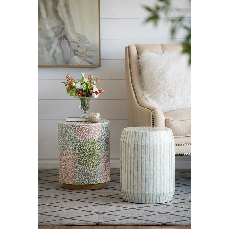 A&B Home 14" x 18" Bundle of 24 Round Green and Pink Capiz Pedestal Stool