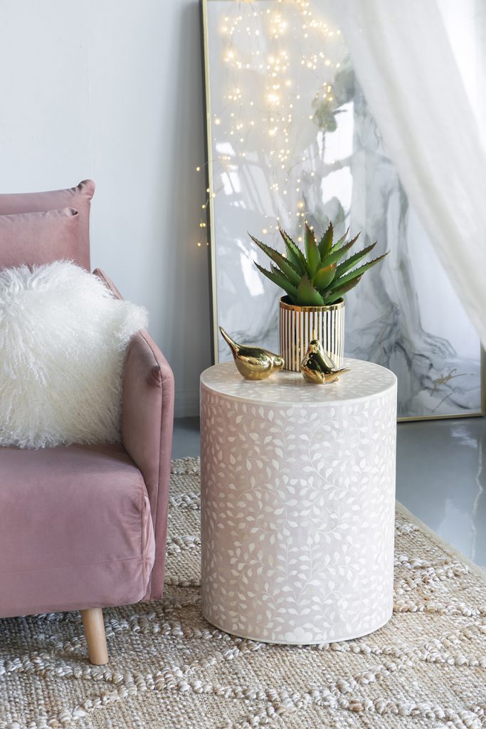 A&B Home 16" x 20" Bundle of 4 Round Pale Pink With Metallic Floral Pattern Side Table