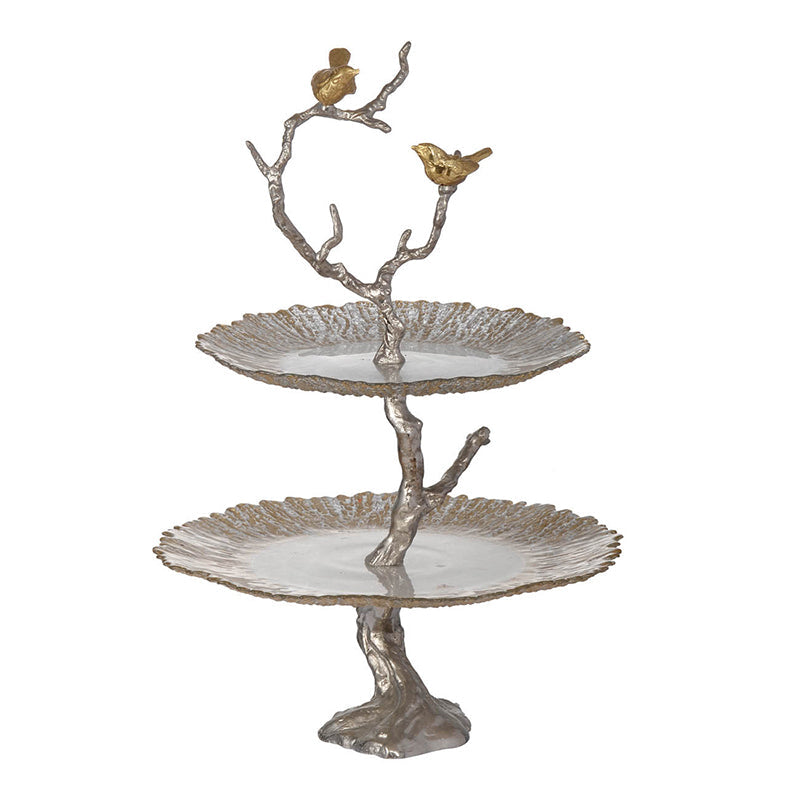 A&B Home 16" x 24" Bundle of 14 Atelier Two-Tier Gold Serving Plates With Winding Branch Shape and Charming Bird Ornaments