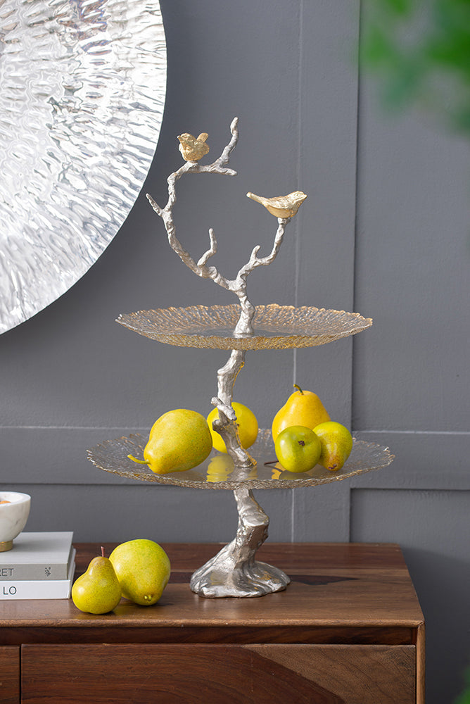 A&B Home 16" x 24" Bundle of 14 Atelier Two-Tier Gold Serving Plates With Winding Branch Shape and Charming Bird Ornaments