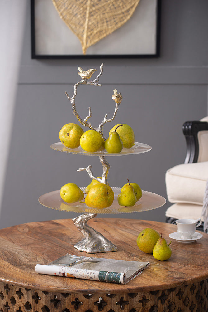 A&B Home 16" x 24" Bundle of 16 Atelier Two-Tier Clear Serving Plates With Winding Branch Shape and Charming Bird Ornaments