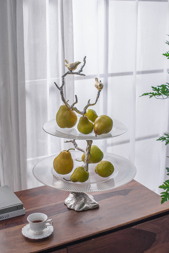 A&B Home 16" x 24" Bundle of 16 Atelier Two-Tier Clear Serving Plates With Winding Branch Shape and Charming Bird Ornaments