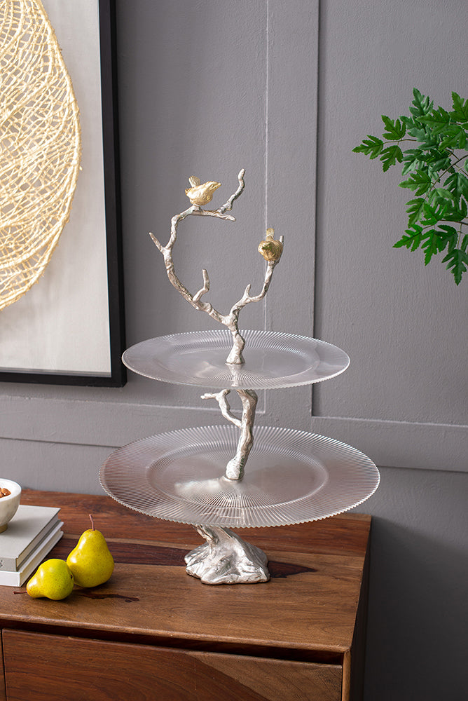 A&B Home 16" x 24" Bundle of 16 Atelier Two-Tier Clear Serving Plates With Winding Branch Shape and Charming Bird Ornaments