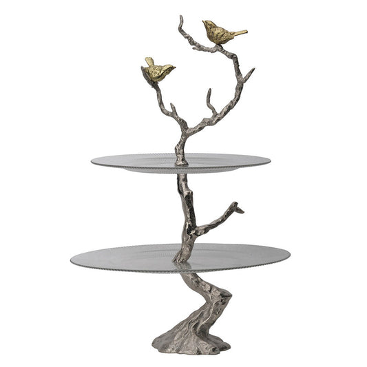 A&B Home 16" x 24" Bundle of 16 Atelier Two-Tier Clear Serving Plates With Winding Branch Shape and Charming Bird Ornaments
