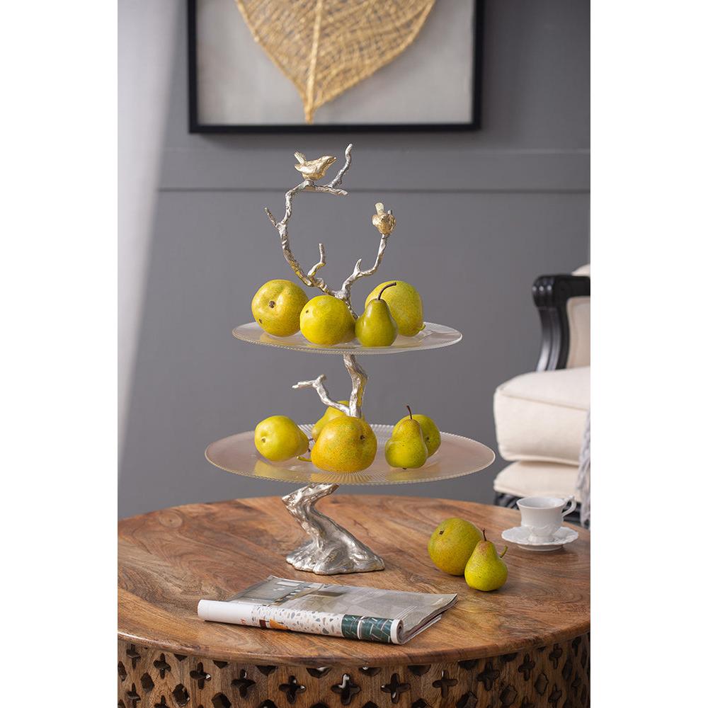 A&B Home 16" x 24" Bundle of 24 Atelier Two-Tier Clear Serving Plates With Winding Branch Shape and Charming Bird Ornaments
