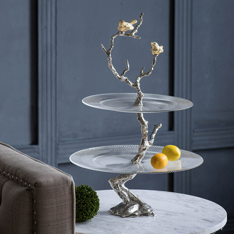 A&B Home 16" x 24" Bundle of 24 Atelier Two-Tier Clear Serving Plates With Winding Branch Shape and Charming Bird Ornaments