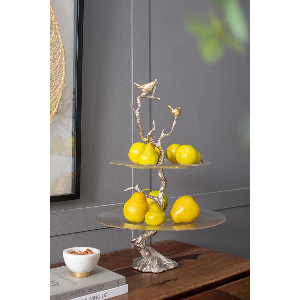 A&B Home 16" x 24" Bundle of 24 Atelier Two-Tier Clear Serving Plates With Winding Branch Shape and Charming Bird Ornaments