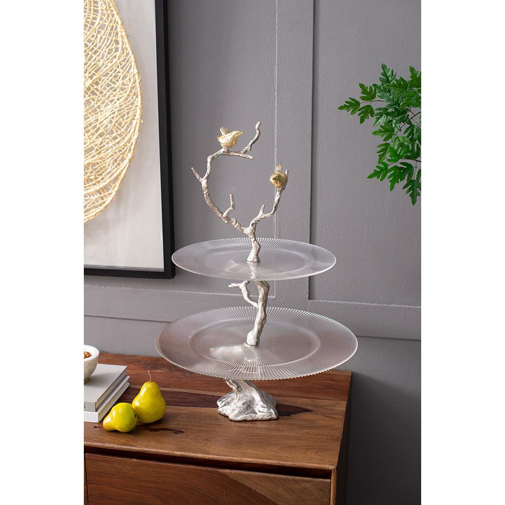 A&B Home 16" x 24" Bundle of 24 Atelier Two-Tier Clear Serving Plates With Winding Branch Shape and Charming Bird Ornaments