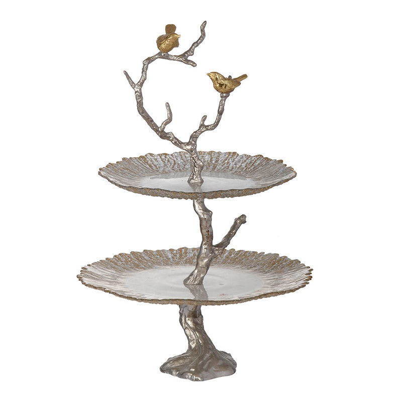 A&B Home 16" x 24" Bundle of 24 Atelier Two-Tier Gold Serving Plates With Winding Branch Shape and Charming Bird Ornaments