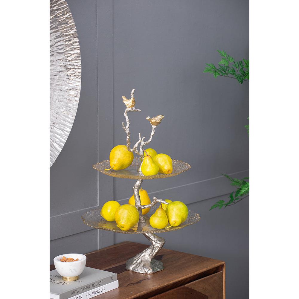 A&B Home 16" x 24" Bundle of 24 Atelier Two-Tier Gold Serving Plates With Winding Branch Shape and Charming Bird Ornaments