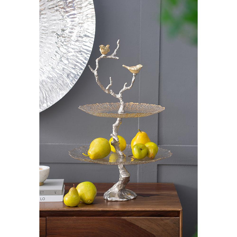 A&B Home 16" x 24" Bundle of 24 Atelier Two-Tier Gold Serving Plates With Winding Branch Shape and Charming Bird Ornaments