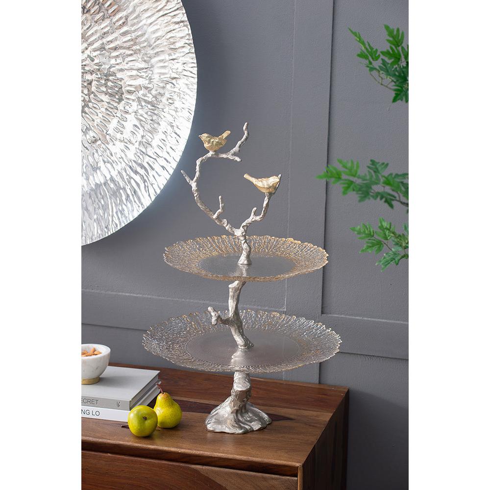 A&B Home 16" x 24" Bundle of 24 Atelier Two-Tier Gold Serving Plates With Winding Branch Shape and Charming Bird Ornaments