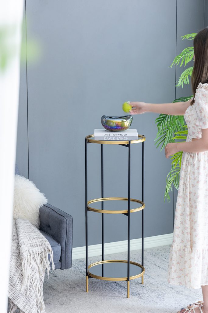 A&B Home 16" x 40" Bundle of 15 Round Gold Rim With Black Legs Three-Tier Shelving