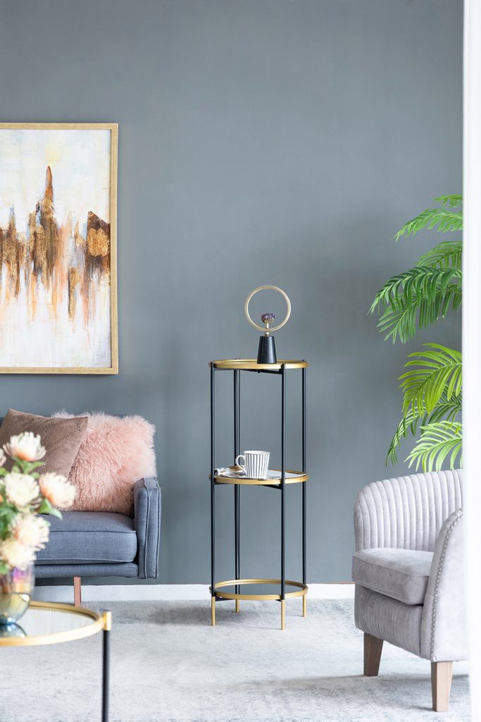 A&B Home 16" x 40" Bundle of 15 Round Gold Rim With Black Legs Three-Tier Shelving