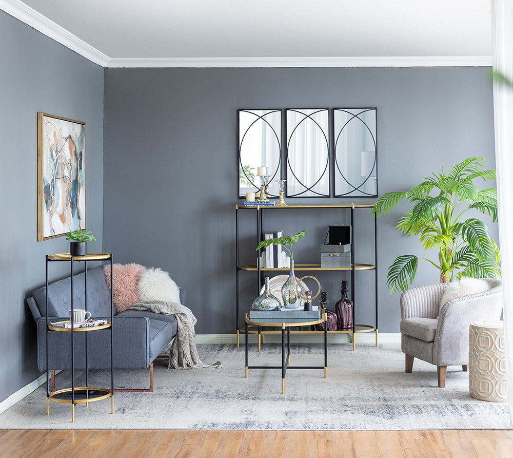 A&B Home 16" x 40" Bundle of 15 Round Gold Rim With Black Legs Three-Tier Shelving